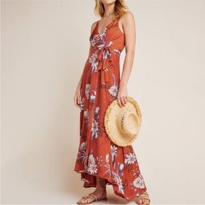 Anthropologie Floral Maxi Dress in Rust and Blue